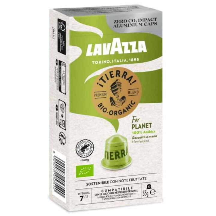 Cafea capsule Lavazza Tierra Bio, compatibile Nespresso, aluminiu, 10x5,7g