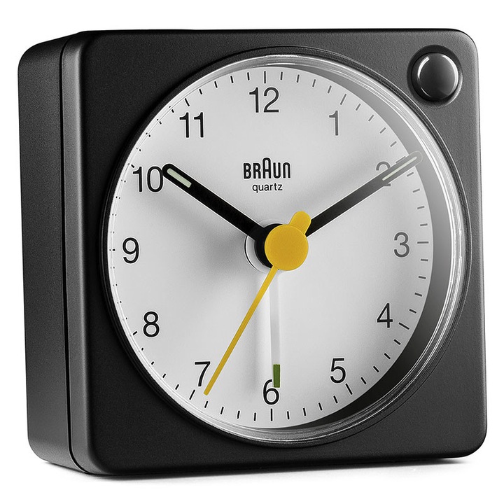 Ceas cu alarma analog, Braun, BB591S39/3, Plastic, 6 x 6 x 3 cm, Iluminare, Amanare, Negru/Alb