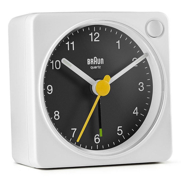 Ceas cu alarma analog, Braun, BB591S39/4, Plastic, 6 x 6 x 3 cm, Iluminare, Amanare, Alb/Negru