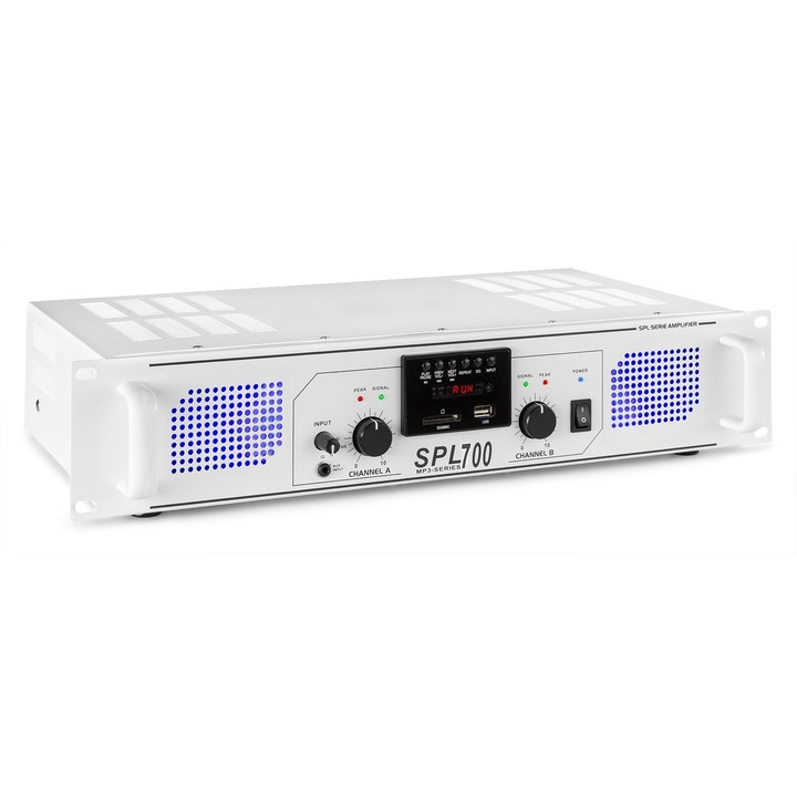Усилвател Skytec SPL700MP3, 2-канален, Бял, 2x350W, USB/SD, LED
