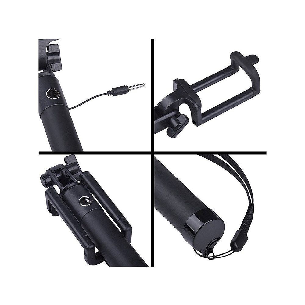 Селфи стик за телефон с AUX кабел, Selfie stick, Черен - eMAG.bg