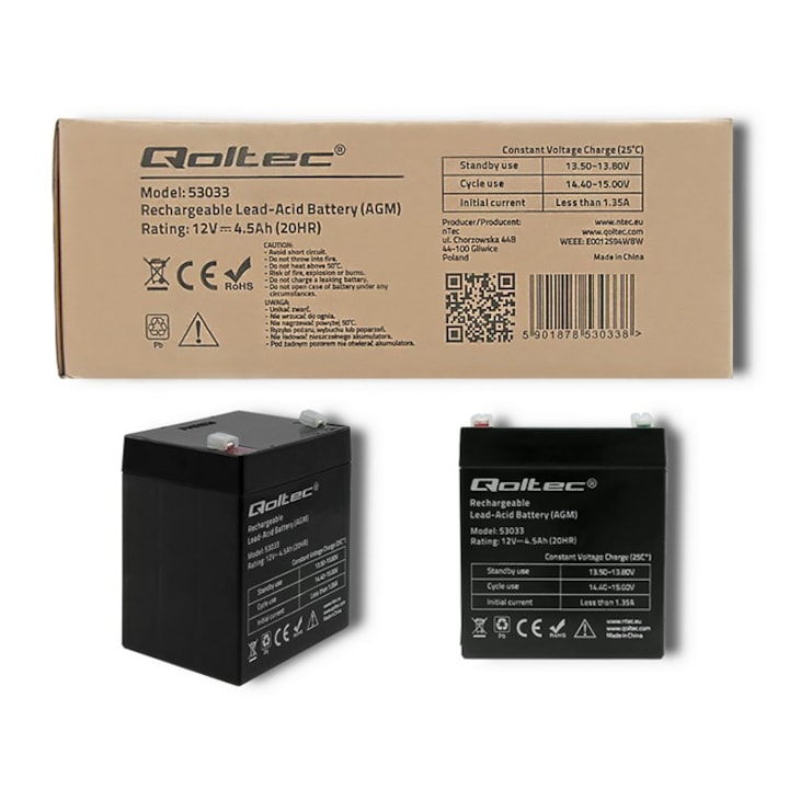 Acumulator Baterie Qoltec 53033 AGM 12V 4.5Ah Fara Intretinere Durata Lunga De Viata Puternica Fiabila Pentru UPS Alarme Iluminat Urgenta Vehicule Tehnologie Robusta Rezistent Socuri Scurgeri 70x90x100mm Negru