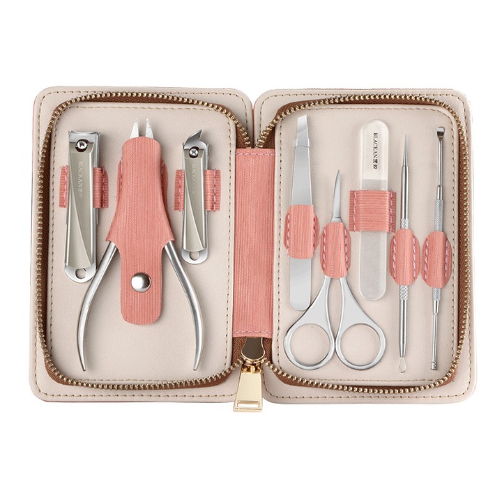 Trusa Manichiura Pedichiura, 8 piese din otel inoxidabil, pila de sticla, unghiera, foarfeca, cleste si impingator cuticule, Roz