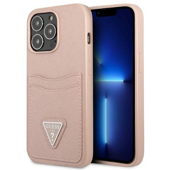 Husa Guess Saffiano Double Card compatibila cu iPhone 13 Pro, Roz