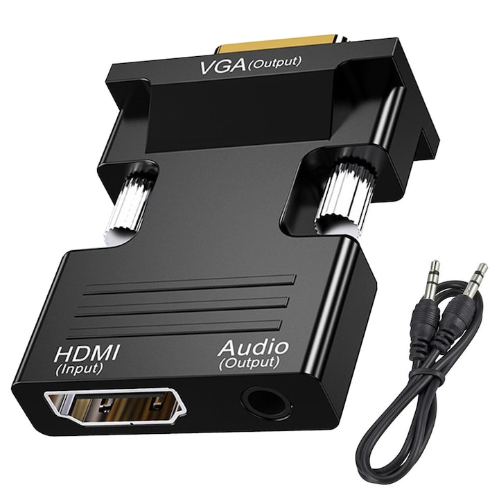 HDMI към VGA адаптер, жак 3,5 мм, 1080P, черен