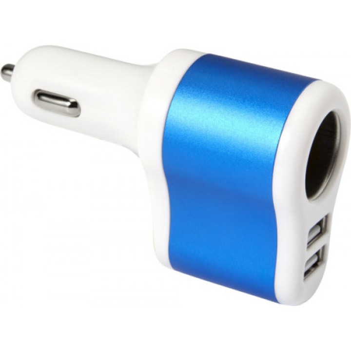 Универсално зарядно за кола, 5v с два USB щепсела и букса за кола, синьо