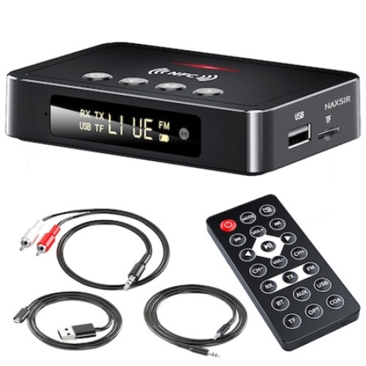Transmitator/receptor audio 3in1, NAXSIR, Plug and play, Bt 5.0, FM, Port audio de 3.5 mm, TF, Afisaj LED, Negru