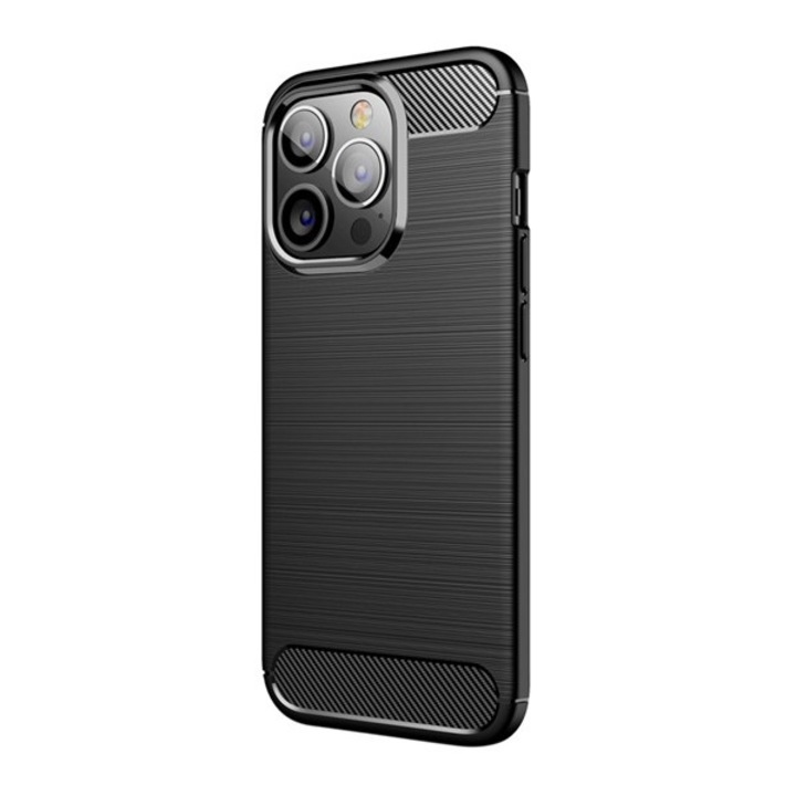 Apple iPhone 13 Pro Szilikon Telefonvédő (Közepesen Ütésálló, Légpárnás Sarok, Szálcsiszolt, Karbon Minta) Fekete