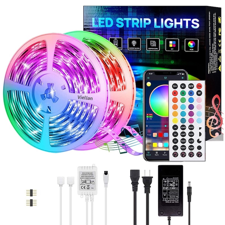 Kit banda LED RGB, 40m (2 x 20 m), Control APP/Bluetooth/Telecomanda, Sincronizare muzicala, 24V, VIELLAN, Multicolor