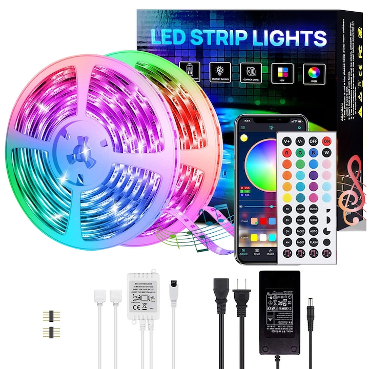 Kit banda LED RGB, 20m (2 x 10 m), Control APP/Bluetooth/Telecomanda, Sincronizare muzicala, 12V, Multicolor