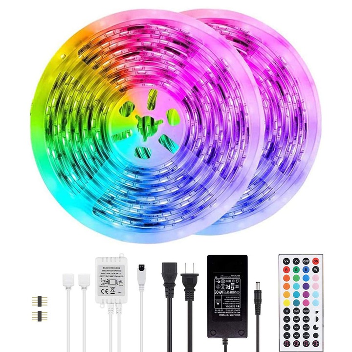 Kit banda LED RGB, 40m, Control APP/Bluetooth/Telecomanda, Sincronizare muzicala, 24V, VIELLAN, Multicolor