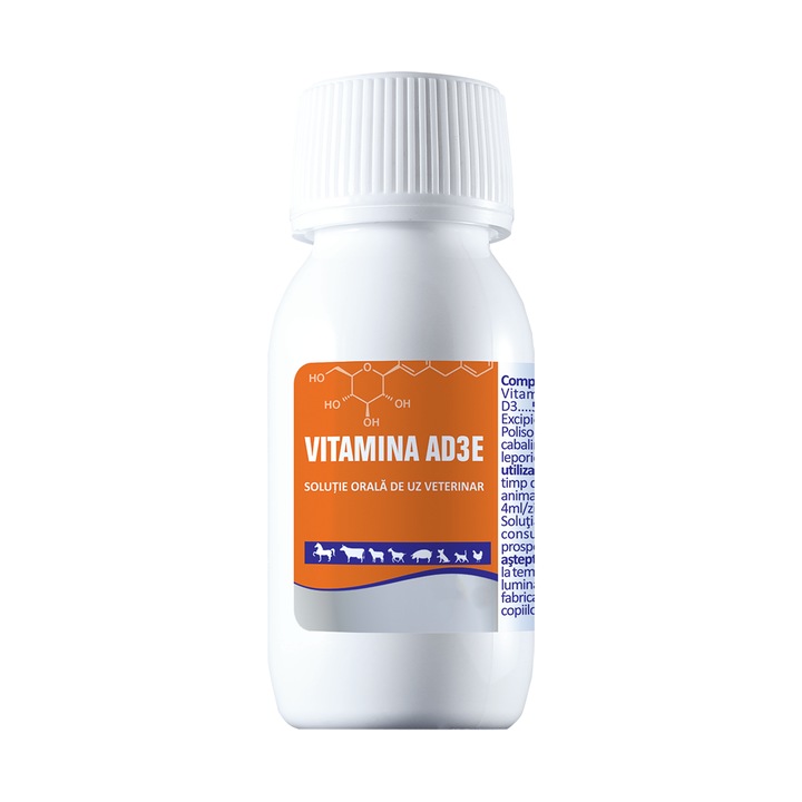 Vitamina AD3E, pentru cabaline, bovine, ovine, caprine, suine, leporide, caini, pisici, pasari, 100 ml