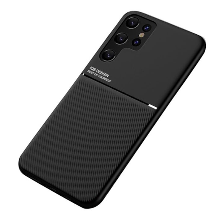 Samsung Galaxy S22 Ultra 5G (Sm-S908) Műanyag Telefonvédő (Szilikon Keret, Közepesen Ütésálló, Beépített Fémlemez, Bőr Hatású Hátlap, Csíkos Minta) Fekete