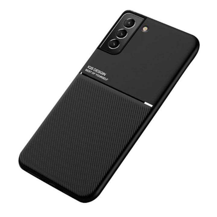 Samsung Galaxy S22 Plus 5G (Sm-S906) Műanyag Telefonvédő (Szilikon Keret, Közepesen Ütésálló, Beépített Fémlemez, Bőr Hatású Hátlap, Csíkos Minta) Fekete