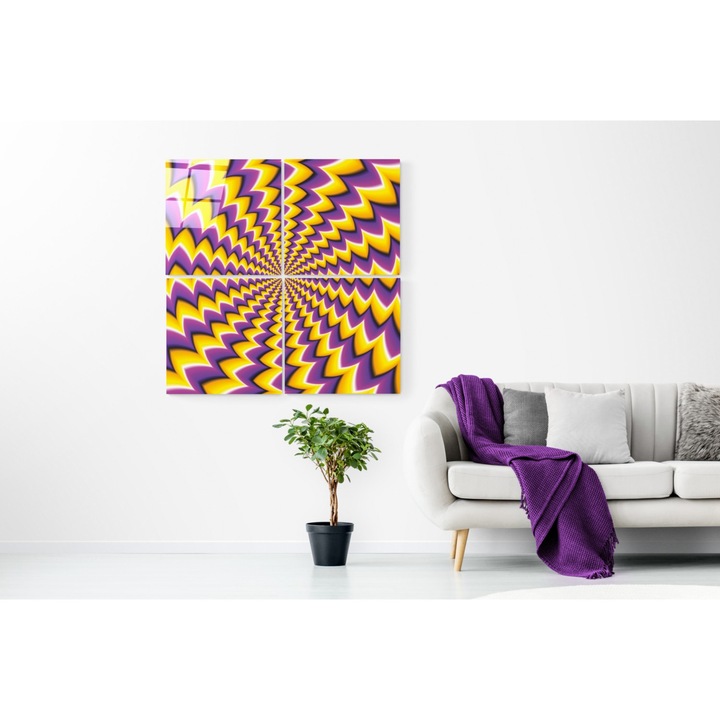 Set 4 Tablouri, Sticla securizata, 60 x 60 cm, Model Abstract, Galben/Mov