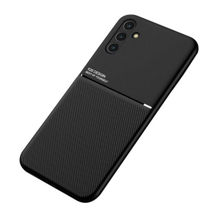 Samsung Galaxy A13 5G (Sm-A136) Műanyag Telefonvédő (Szilikon Keret, Közepesen Ütésálló, Beépített Fémlemez, Bőr Hatású Hátlap, Csíkos Minta) Fekete