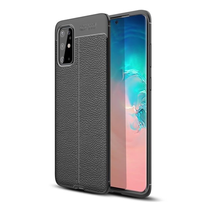 Gigapack szilikon mobiltelefon tok, ütésállóság, bőr hatású, varrás minta, fekete, kompatibilis: Samsung Galaxy S20 Plus 5G, SM-G986, / Galaxy S20 Plus, SM-G985F