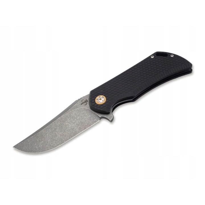 Cutit tactic Boker Plus Golem, lama D2 stonewash, maner ergonomic G10, sistem de blocare linerlock, deschidere lina cu rulmenti, design robust pentru outdoor si uz zilnic, argintiu/negru
