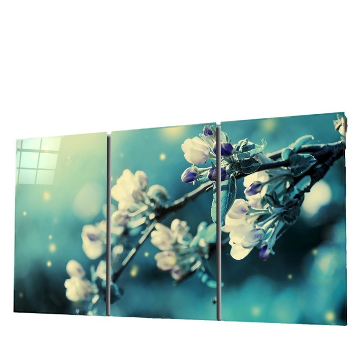 Set 3 Tablouri, Sticla securizata, 110 x 70 cm, Model Flori, Multicolor