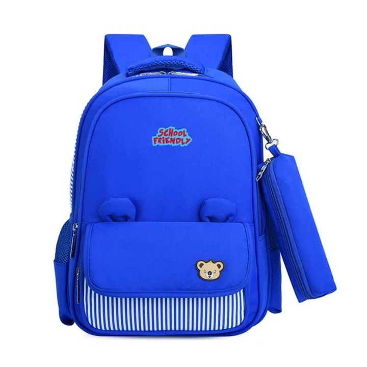 Ghiozdan Clasa 1-4 cu Penar Etui, 2 Compartimente, Model Ursulet, Dimensiune 370x280x150 mm, Culoare Albastru