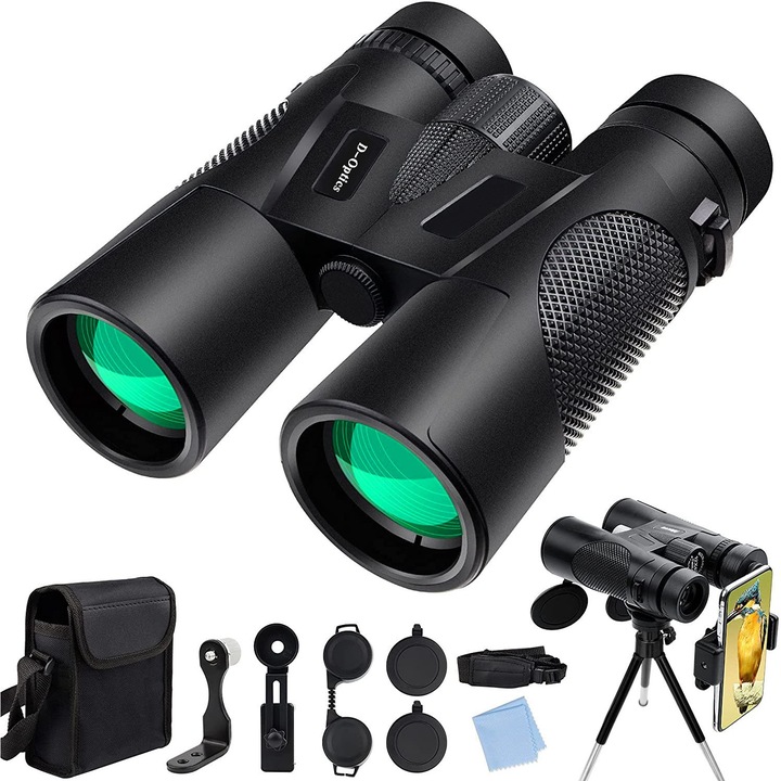 Pachet Binoclu D-Optics profesional 12x42 HD, lentila BAK-4 Prism FMC, cu trepied si accesorii montaj telefon, geanta transport, negru
