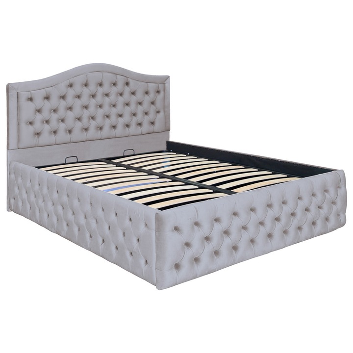 Pat dublu tapitat model Arizona Deluxe 120/200 cm culoare gri deschis cu somiera metalica rabatabila si spatiu de depozitare