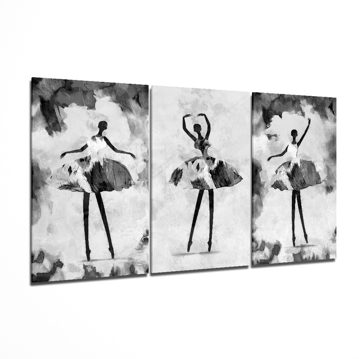 Set 3 Tablouri, Sticla securizata, 110 x 70 cm, Model Balerina, Negru/Gri
