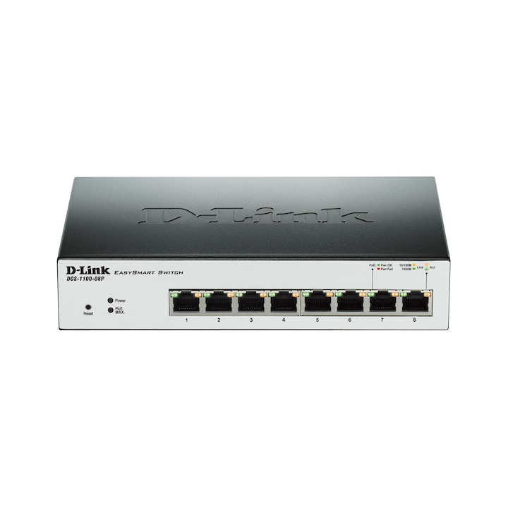 Суич D-Link DGS-1210-08P, 6 x 10/100/1000, 2 Combo