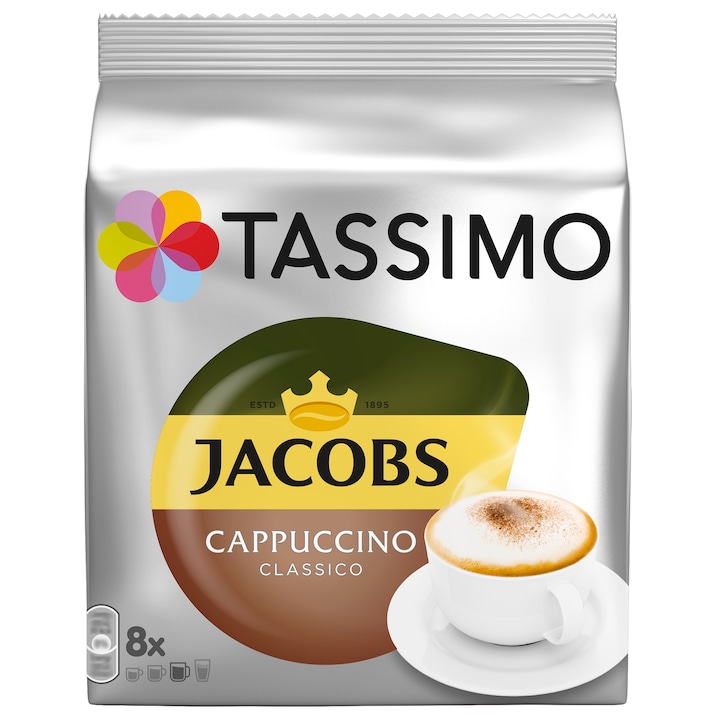 Capsule cafea, Jacobs Tassimo Cappuccino, 8 bauturi x 190 ml, 8 capsule specialitate cafea + 8 capsule lapte