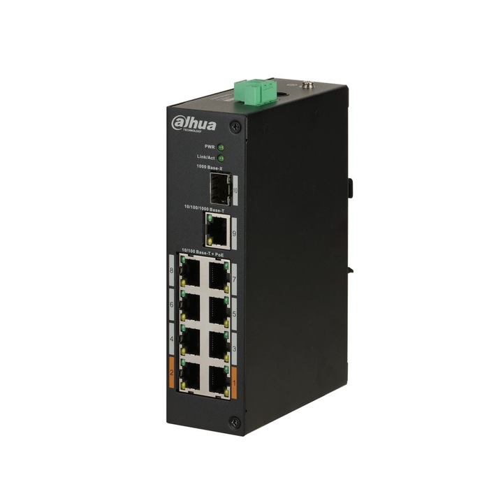 Суич с 8 порта Dahua PFS3110-8ET-96-V2, 1 SFP порт, 1 Gigabit порт, 7,6 Gbps, 4,17 Mpps, 8000 MAC, PoE, без управление