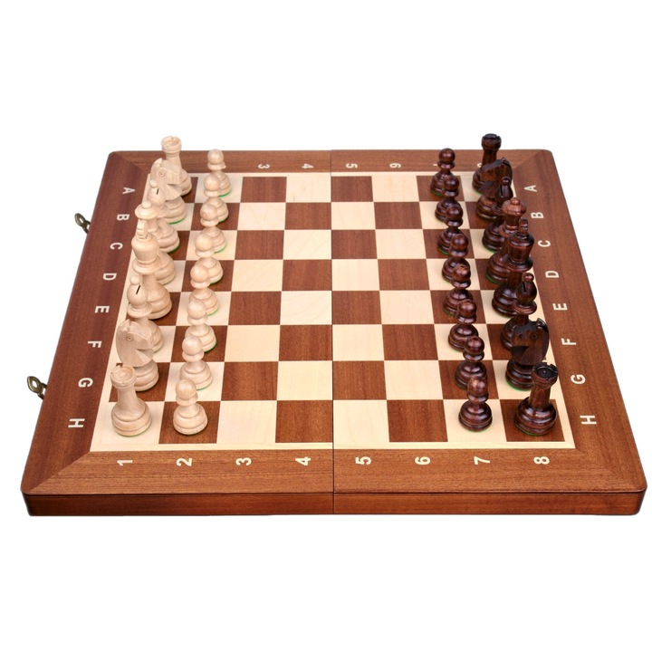 Set turneu de sah 4, Marquetry, Lucrat manual, Lemn de carpen, Incrustatie de mahon si sicomor