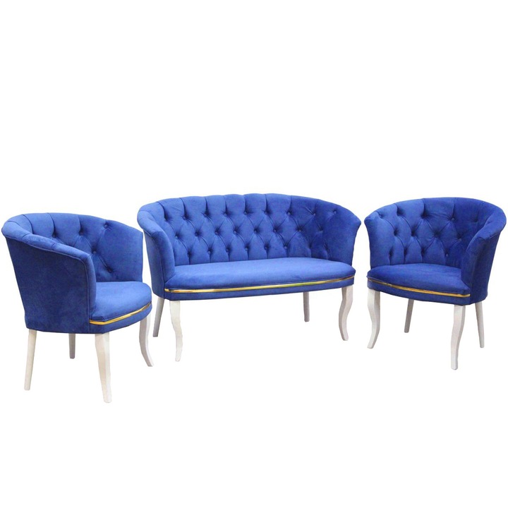 Set canapea 2 loc cu 2 fotolii 130x70x80 cm Milano Relax Homs textil/lemn albastru
