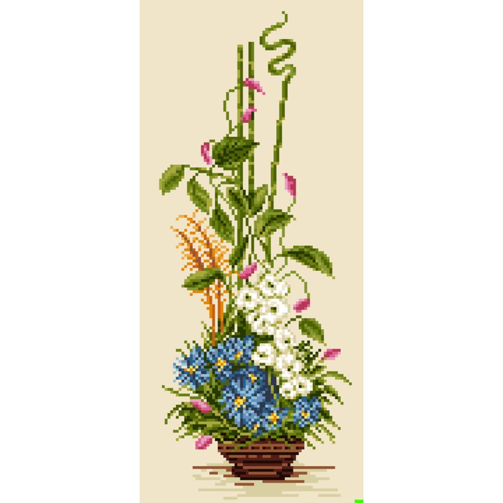 Goblen Ikebana cu albastrele, Rogoblen, Kit cu diagrama color, fire mouline, 8 x 18 cm