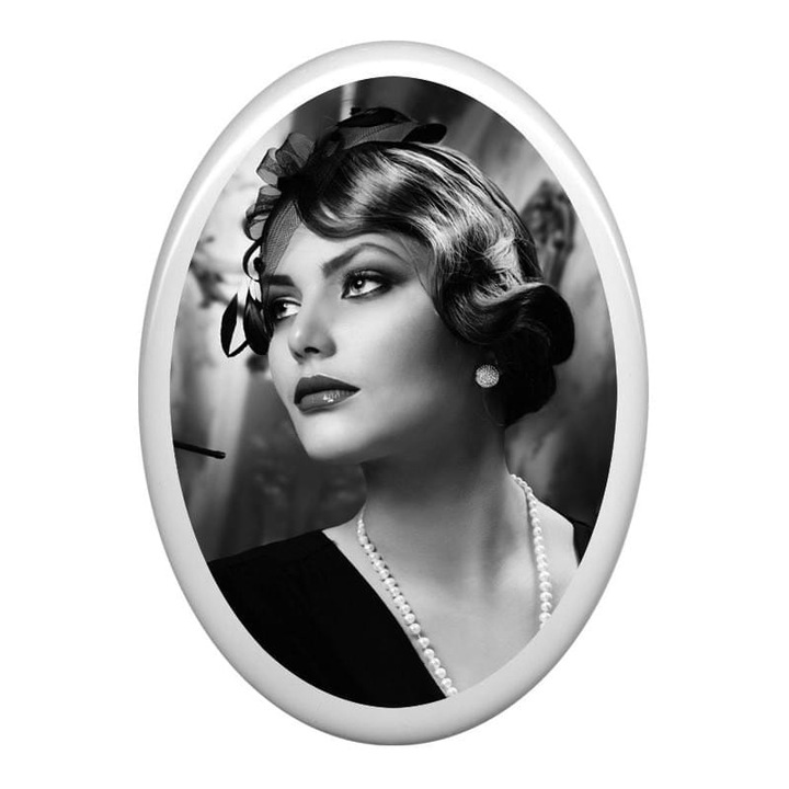 Fotoceramica, Fotoporcelana.net, Portelan, Forma ovala, Poza alb-negru, Cu adeziv, 4x6 cm, Alb