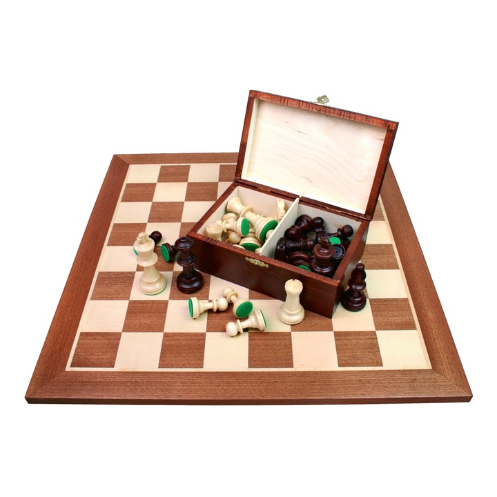 Set de sah turneu nr.5, Marquetry, Realizat manual, Lemn, Incrustatie de mahon si sicomor