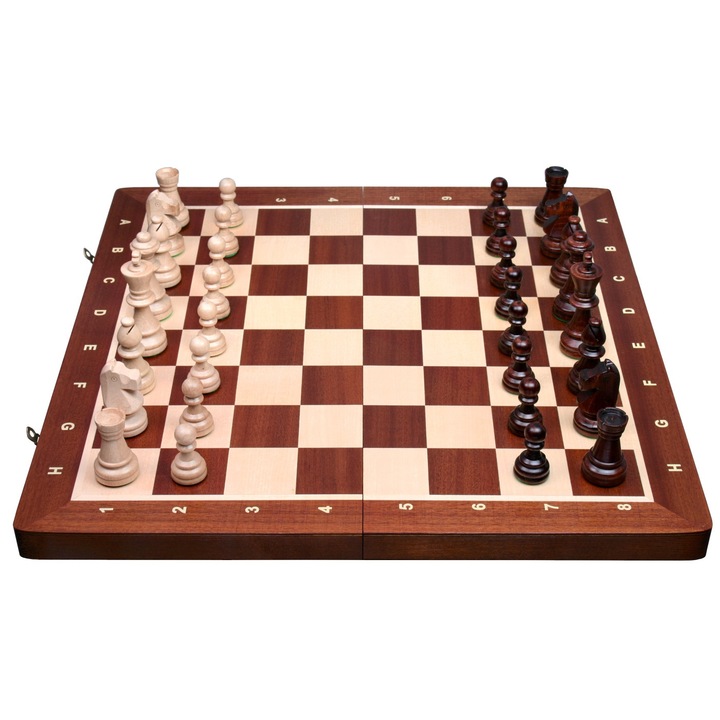 Set turneu de sah 6, Marquetry, Realizat manual, Lemn de carpen, Incrustatie de mahon si sicomor