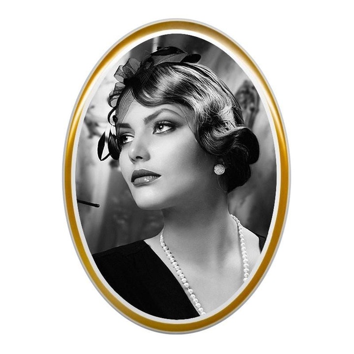 Fotoceramica, Fotoporcelana.net, Portelan, Forma ovala, Poza alb-negru, Cu adeziv, 5x7 cm, Alb/auriu