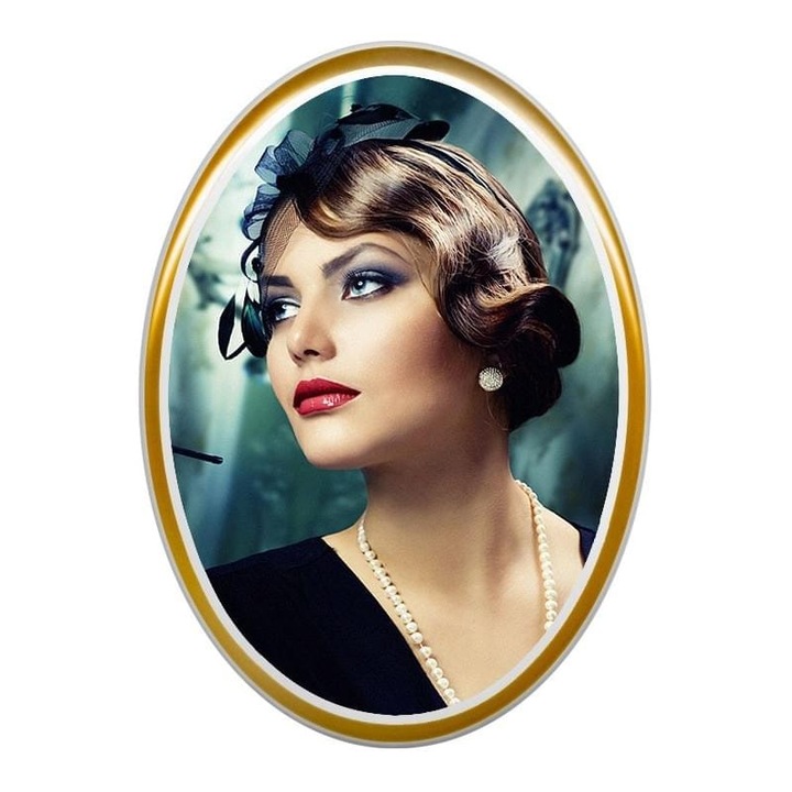 Fotoceramica, Fotoporcelana.net, Portelan, Forma ovala, Poza colorata, Cu adeziv, 7.5x10.5 cm, Alb/auriu