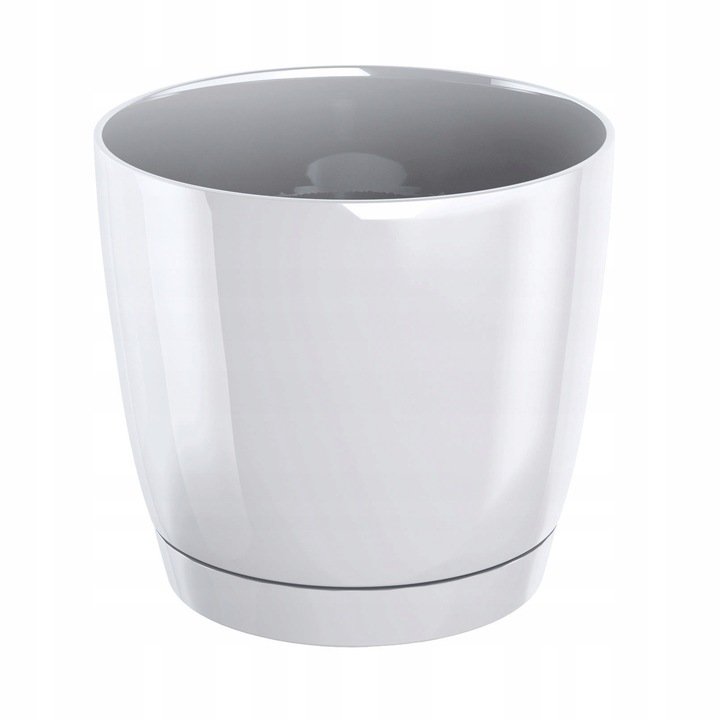 Ghiveci rotund cu farfurie, Prosperplast, Plastic, Alb, 21x19,3cm