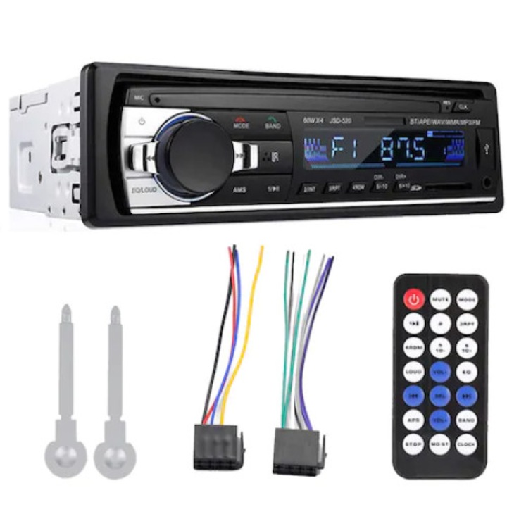 Autórádió, MP3 lejátszó, Bluetooth/Távirányító/AUX/SD/USB, Sztereó, 4x60W, KINSI, Fekete