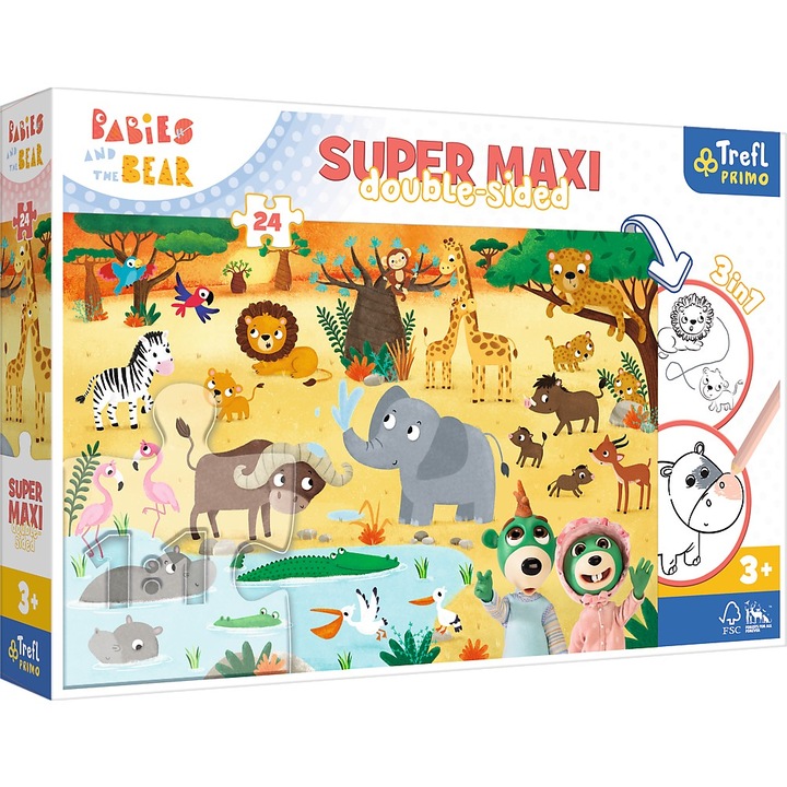 Trefl Állatok a szavannán kétoldalas maxi puzzle színezővel, 24 darabos
