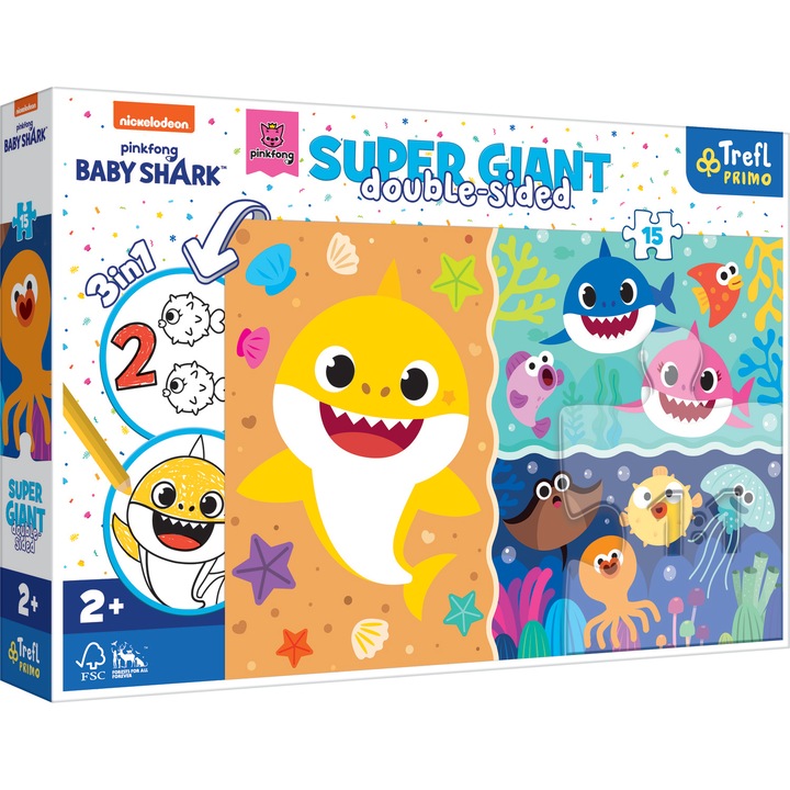 Trefl Baby Shark, Kicsi cápa kétoldalas óriás puzzle színezővel, 15 darabos