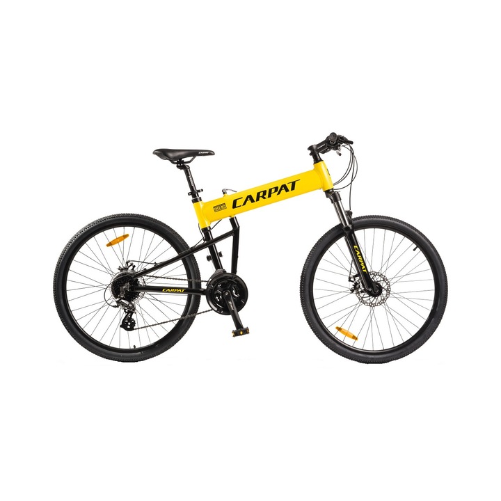 Carpat Alumínium MTB összecsukható kerékpár 26"-os kerekekkel, Shimano Altus váltókarok, zárható villa, tárcsafékek elöl/hátul, 24 sebesség, sárga/fekete, összecsukható Mountain Bike Carpat Super Sport Genius
