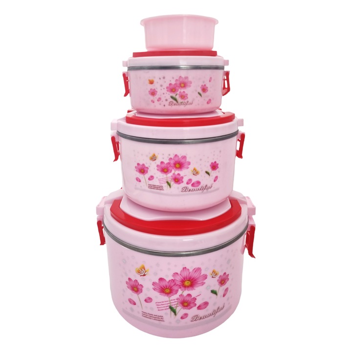 Set 4 caserole termice, roz, model floral, 5.5 l, 2.2 l, 0.6 l, 0.3 l