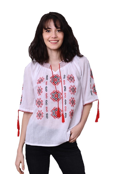 Bluza traditionala alba, dama, maneca trei sferturi, cu broderie rosu cu negru