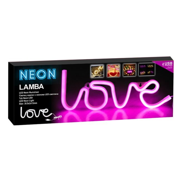 Неонова LED лампа "LOVE" Розова с USB 35.5x13см
