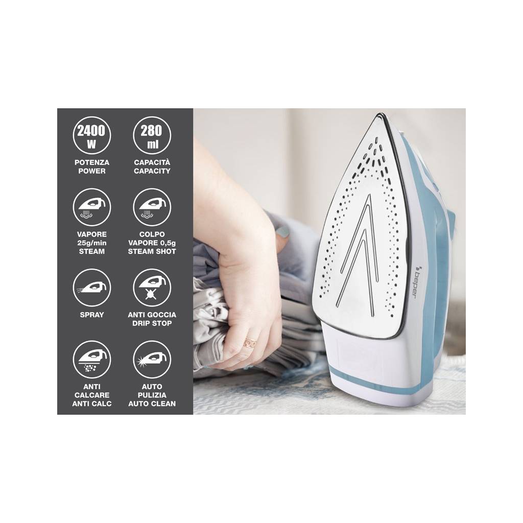 Fier de calcat cu abur Beper, 2400 W, Placa otel inoxidabil, 28.5x11.8x14.5 cm, Alb/Albastru