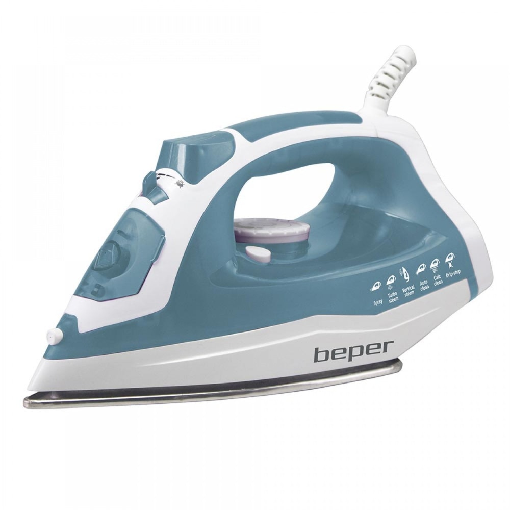 Fier de calcat cu abur Beper, 2400 W, Placa otel inoxidabil, 28.5x11.8x14.5 cm, Alb/Albastru