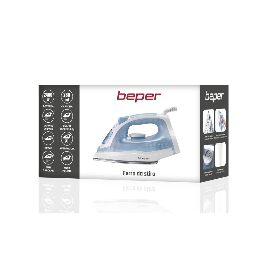 Fier de calcat cu abur Beper, 2400 W, Placa otel inoxidabil, 28.5x11.8x14.5 cm, Alb/Albastru