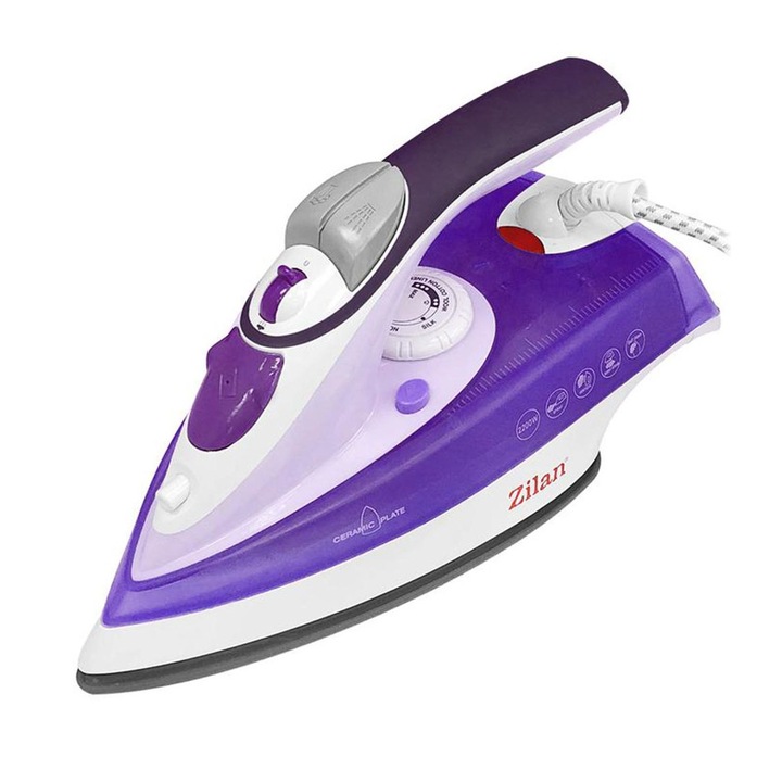 Fier de calcat cu abur Zilan, 2200W, Placa ceramica, 67x33x30 cm, Mov/Alb